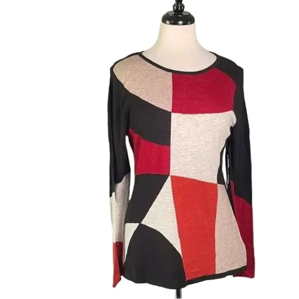 NIC+ZOE Geometric Red Black Cream Sweater